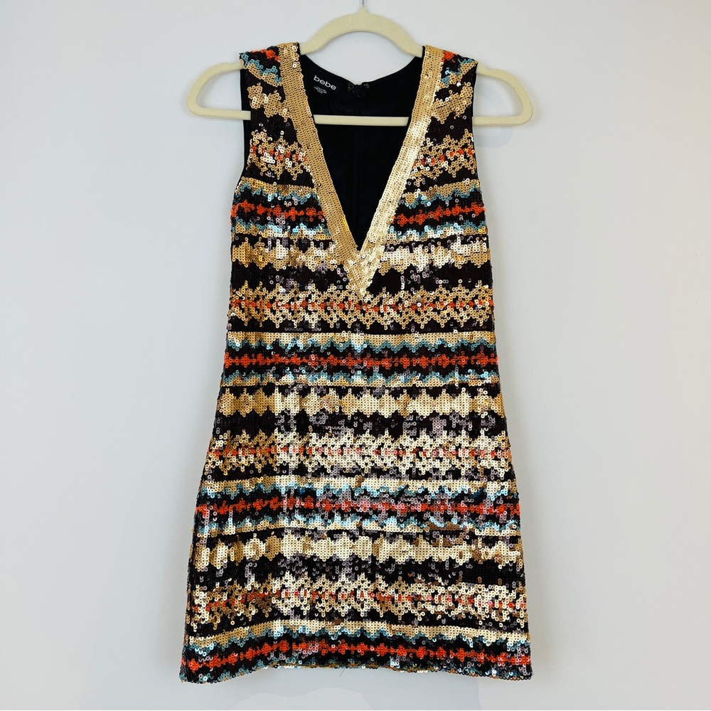 bebe Gold and Multicolor Sequin Mini Dress